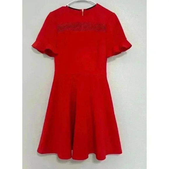Ted Baker London Dress Womens Size 1 Red Fit Flare Ruffled Sleeve Elegant Party - Picture 3 of 11
